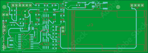 Vector printed circuit board of  
electronic device with components of radio elements, 
conductors and contact 
pads placed on pcb. Engineering technic drawing. Tracing conductors.