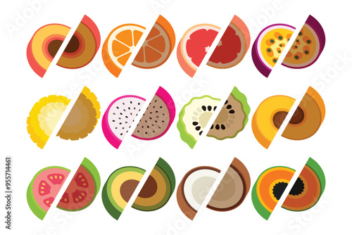 A set of flat Fruits slices, cross sections of Peach, Orange, Tangerine, Grapefruit, Passion Fruit, Corn, Dragon fruit, Annona, Apricot, Guava, Avocado, Coconut, Papaya, simple vector illustration