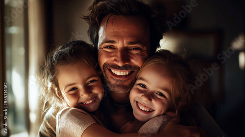 A happy father with kids doing warm hug 