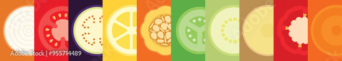 A set of Sliced vegetables, Cross section of Yellow Onion, Sweet Onion, Tomato, Eggplant, Lemon, Pumpkin, cucumber, zucchini, Russet Potatoes, Bell Pepper, Carrot, simple flat vector illustration.