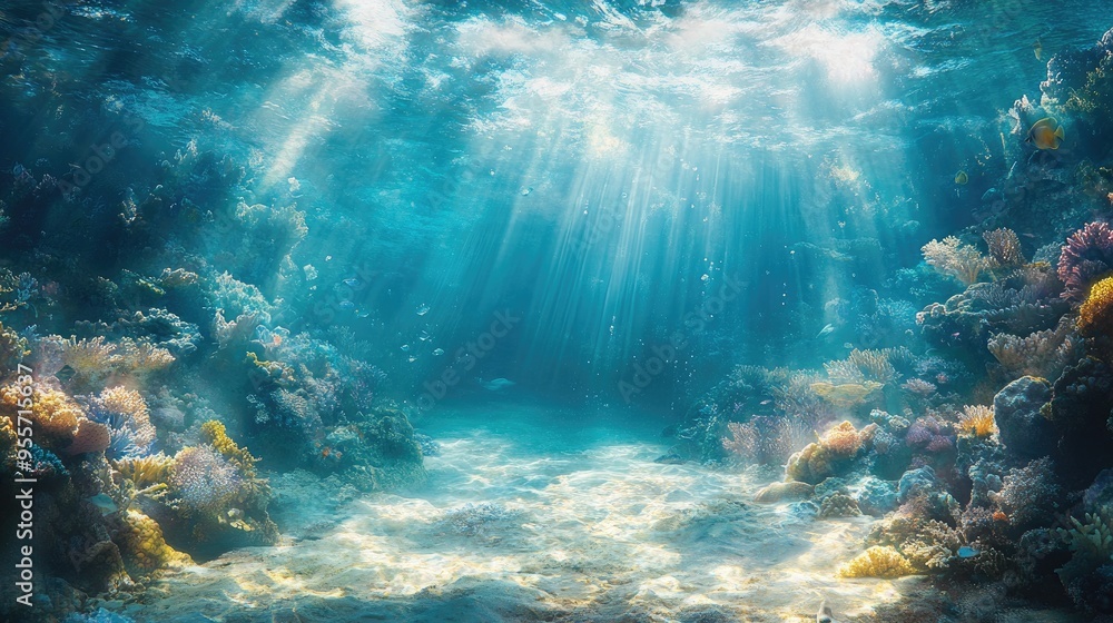 Fototapeta premium An expansive underwater ocean scene with sunbeams penetrating the water and illuminating the sea floor, creating a tranquil and beautiful background.