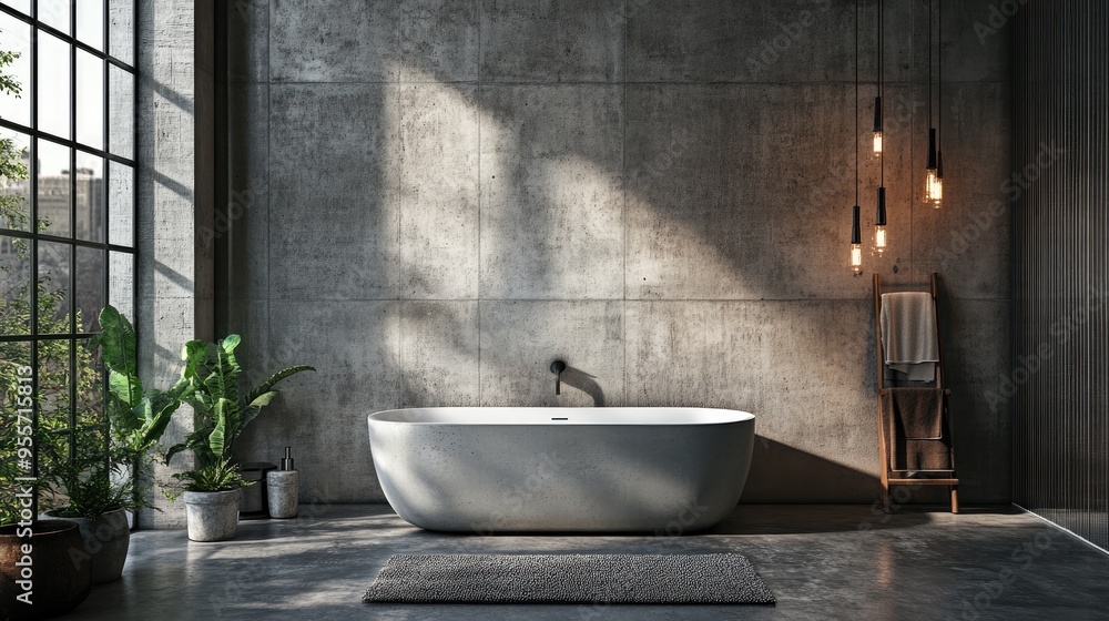 A loft-style bathroom with a modern industrial vibe, featuring exposed concrete walls, a sleek bathtub, and minimalist decor. A loft-style bathroom with a modern industrial vibe, featuring exposed concrete walls, a sleek bathtub, and minimalist decor.