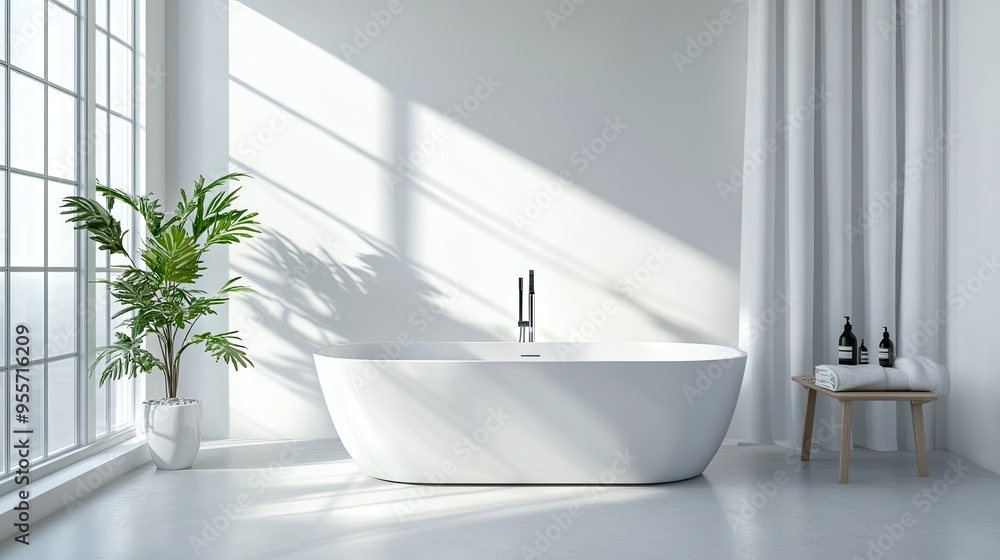 A minimal style bathroom featuring a white bathtub, clean lines, and a serene, uncluttered atmosphere. A minimal style bathroom featuring a white bathtub, clean lines, and a serene, uncluttered atmosphere.
