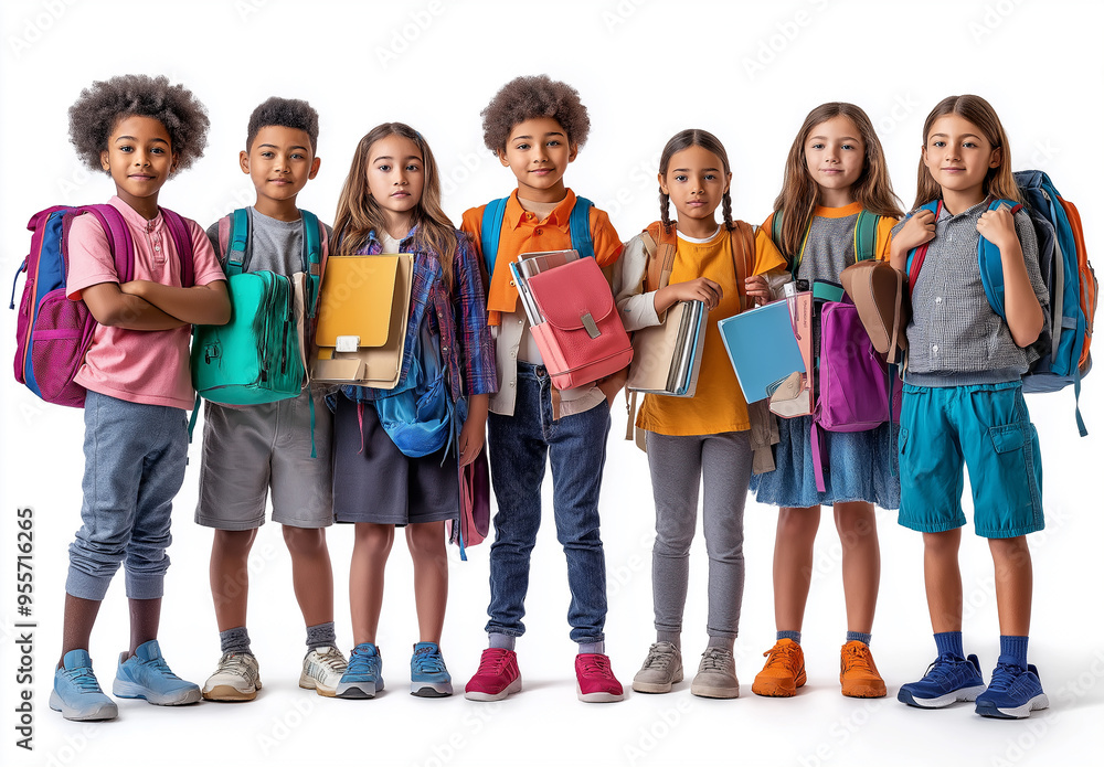 Diverse kids student with backpacks isolated on a white background Diverse kids student with backpacks isolated on a white background