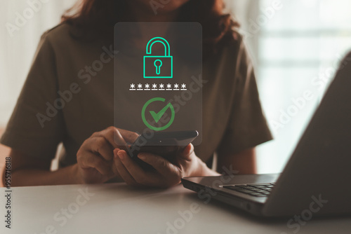 Person using smartphone with secure login, data protection concept. Personal online cyberspace security privacy protection data with 2Fa, Two-Factor, Internet network security, Encrypted data privacy. photo