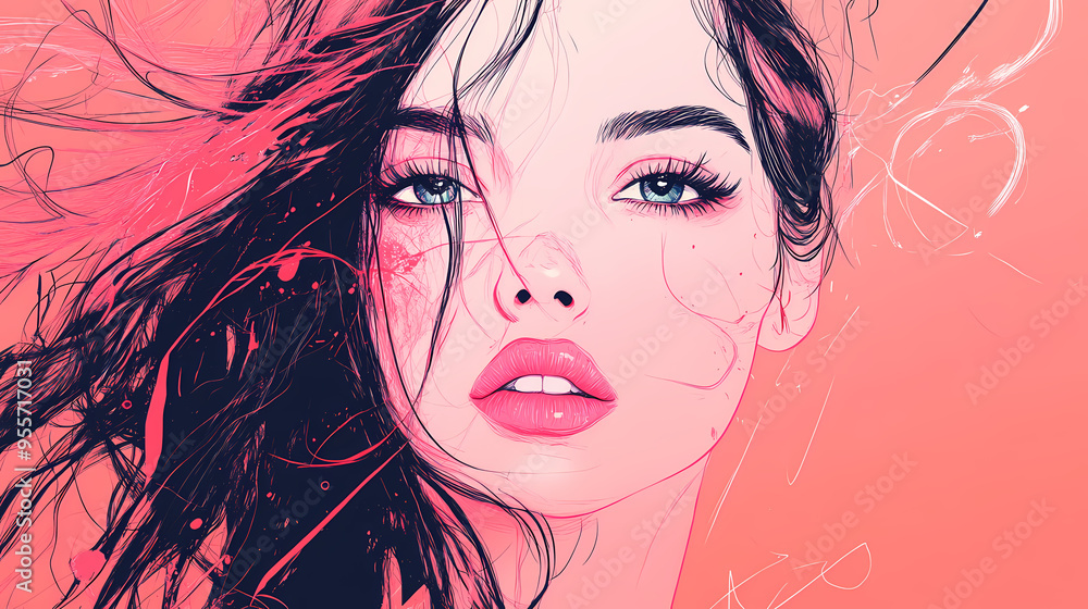 Fototapeta premium Anime style portrait of a beautiful woman with flowing dark hair, pink aesthetic digital art illustration, feminine manga character design