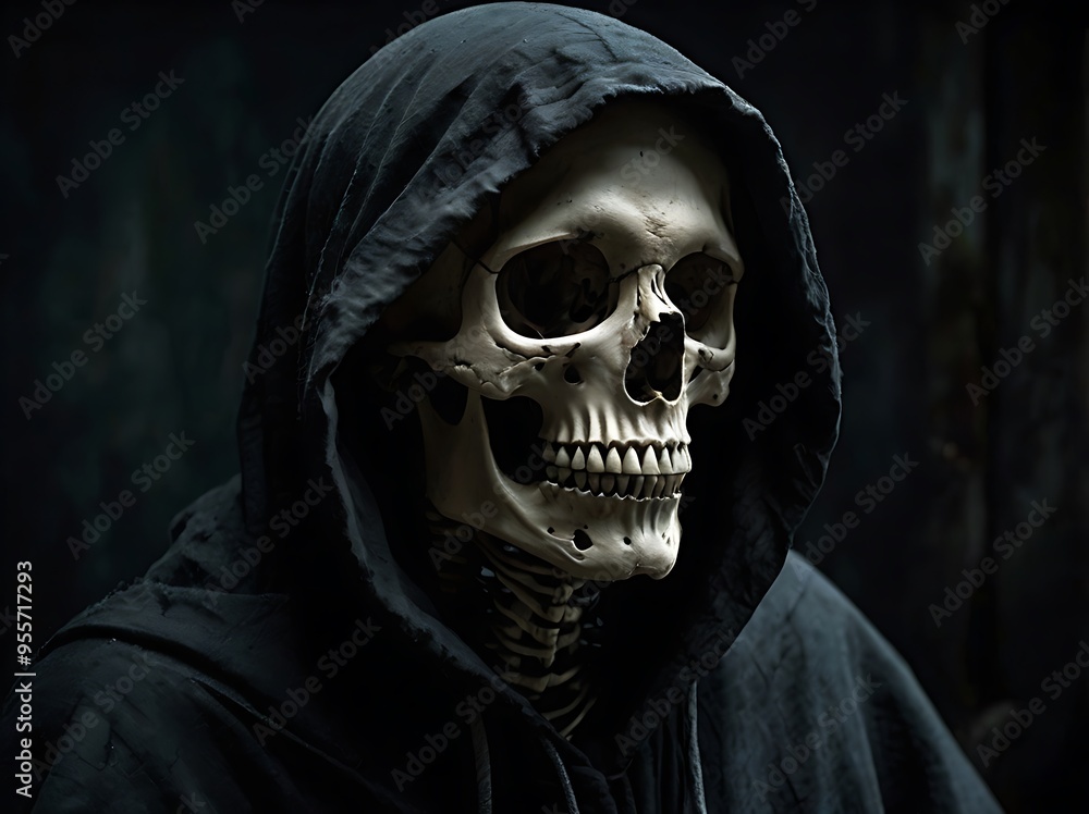 Scary portrait of horrifying Reaper with skeleton face, spooky dark black model and black hood, halloween and death related Scary portrait of horrifying Reaper with skeleton face, spooky dark black model and black hood, halloween and death related