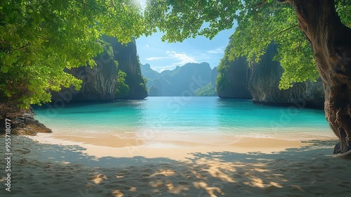 secluded beach cove hidden by towering cliffs untouched golden sand meets crystalclear turquoise waters lush tropical vegetation frames the scene dreamy paradiselike atmosphere photo