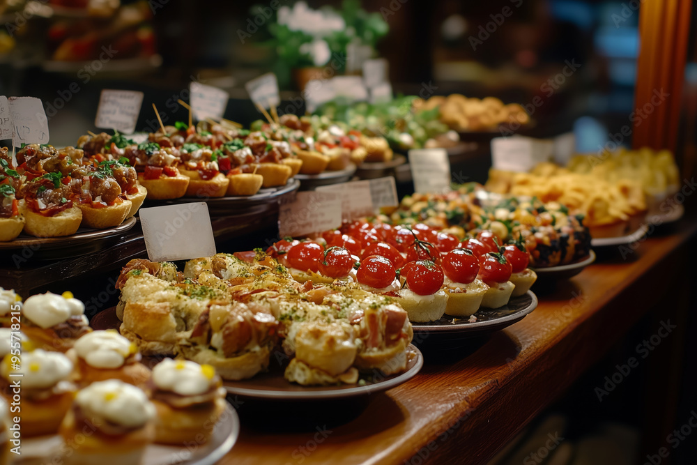 Fototapeta premium Savoring delectable tapas at a charming bar in San Sebastian during a lively evening with friends