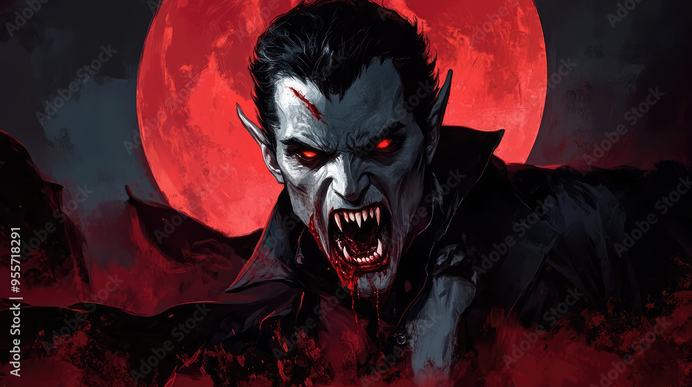 A sinister scene featuring a vampire emerging from the shadows, with the blood moon casting an ominous light on their sharp fangs and dark eyes. A sinister scene featuring a vampire emerging from the shadows, with the blood moon casting an ominous light on their sharp fangs and dark eyes.