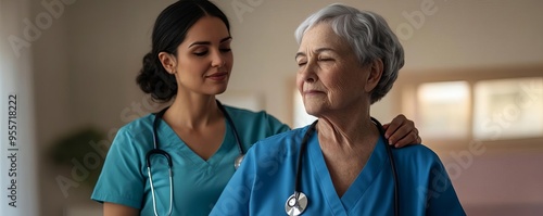 Nurse comforting an elderly woman in a hospice setting, warm and tranquil room, end-of-life care with dignity