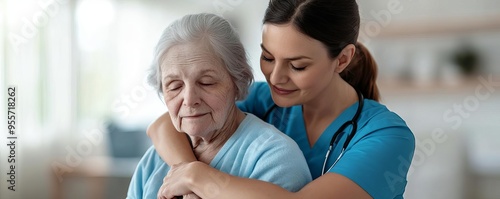 Nurse comforting an elderly woman in a hospice setting, warm and tranquil room, end-of-life care with dignity photo