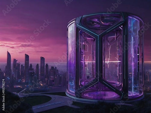 Fantasy technological purple design background with city sky scrapers far away and dusk sky photo