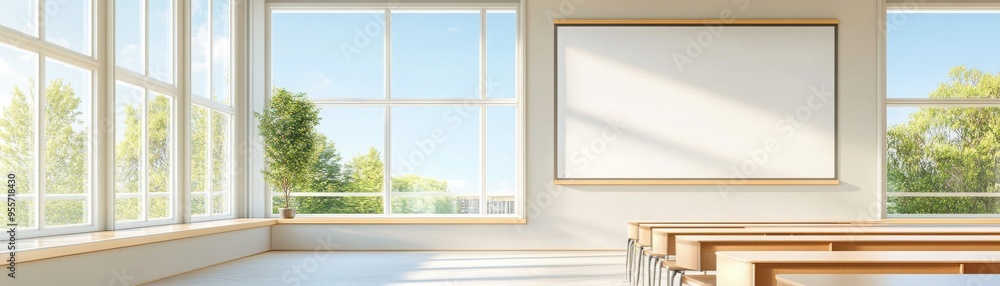Bright and spacious classroom featuring large windows, modern design, and a clean whiteboard, perfect for learning and creativity.
