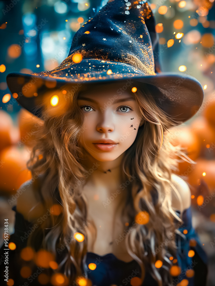 A young witch stands amidst glowing lights and pumpkins, wearing a wide-brimmed hat and looking enchanting with playful sparkles around her. It's a magical Halloween setting A young witch stands amidst glowing lights and pumpkins, wearing a wide-brimmed hat and looking enchanting with playful sparkles around her. It's a magical Halloween setting
