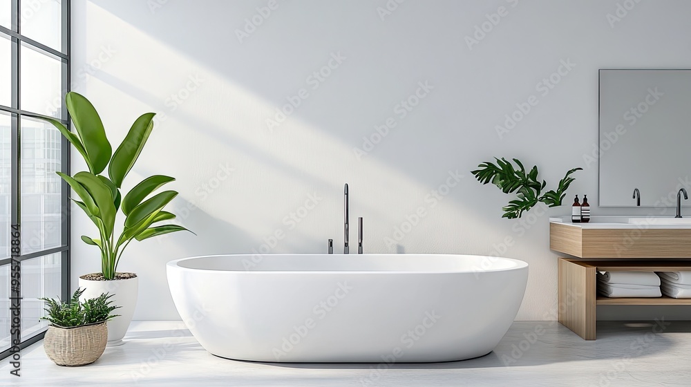 A modern minimalist bathroom with a sleek white bathtub, uncluttered surfaces, and simple, elegant decor. A modern minimalist bathroom with a sleek white bathtub, uncluttered surfaces, and simple, elegant decor.