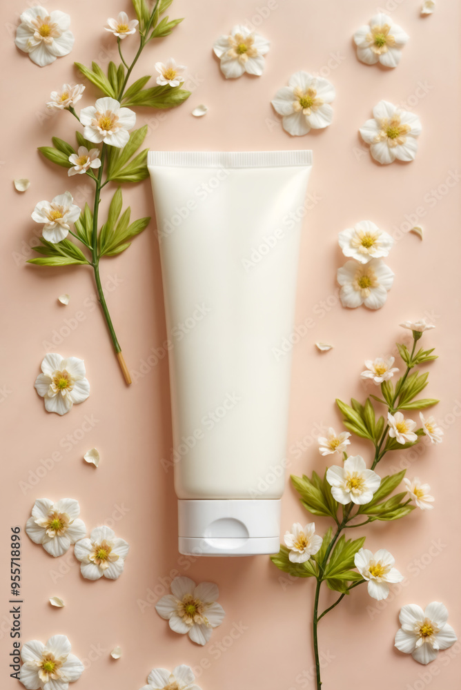 tube of cream surrounded by leaves and flowers tube of cream surrounded by leaves and flowers