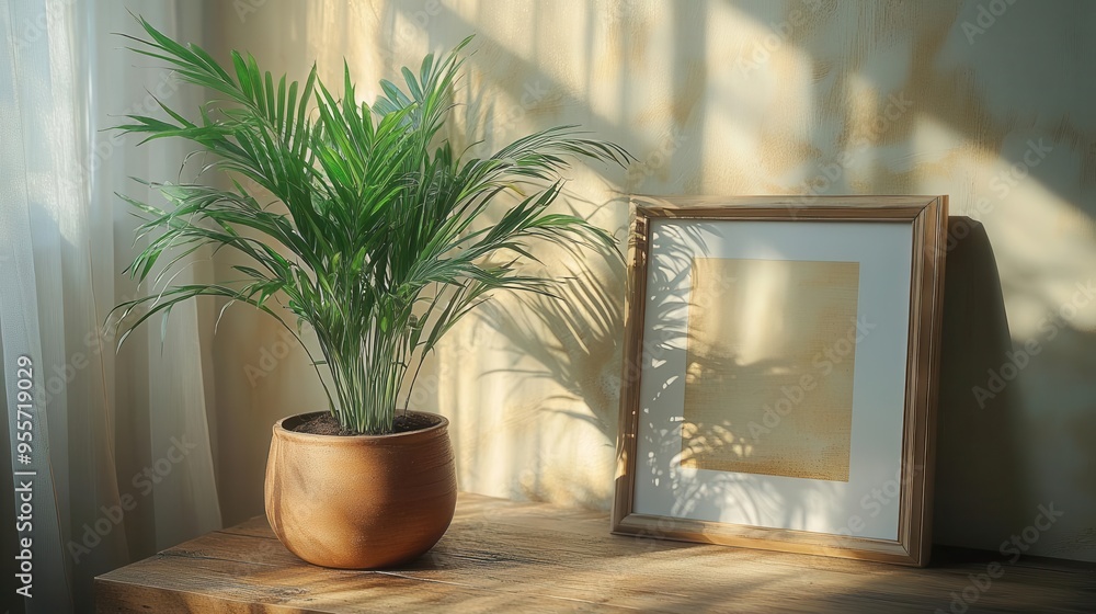 serene home office vignette with lush potted plant beside minimalist picture frame soft natural light creates inviting atmosphere for productivity and creativity serene home office vignette with lush potted plant beside minimalist picture frame soft natural light creates inviting atmosphere for productivity and creativity