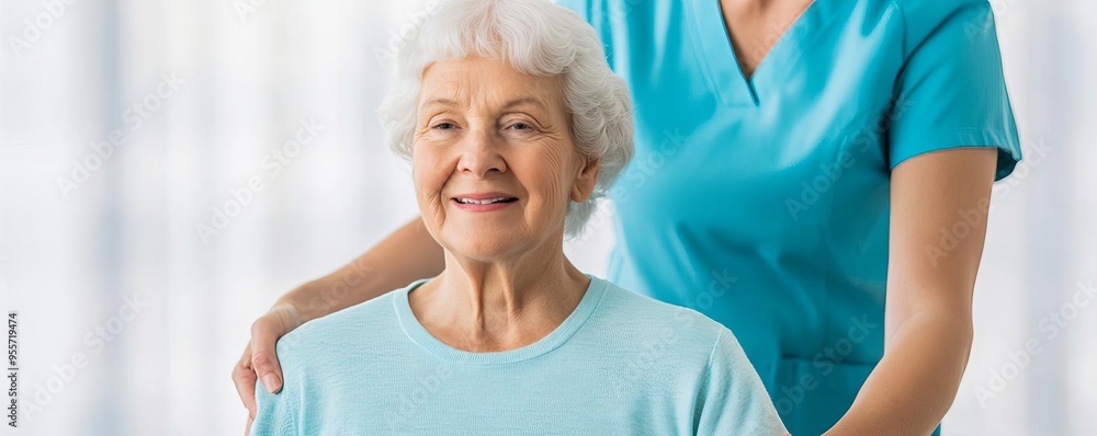 Senior woman being assisted with her daily exercises, encouraging and supportive care, bright setting Senior woman being assisted with her daily exercises, encouraging and supportive care, bright setting