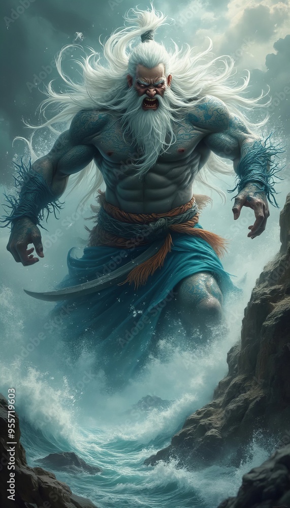 A powerful male figure emerging from tumultuous waves, exuding strength and fury with flowing hair and a commanding presence. A powerful male figure emerging from tumultuous waves, exuding strength and fury with flowing hair and a commanding presence.