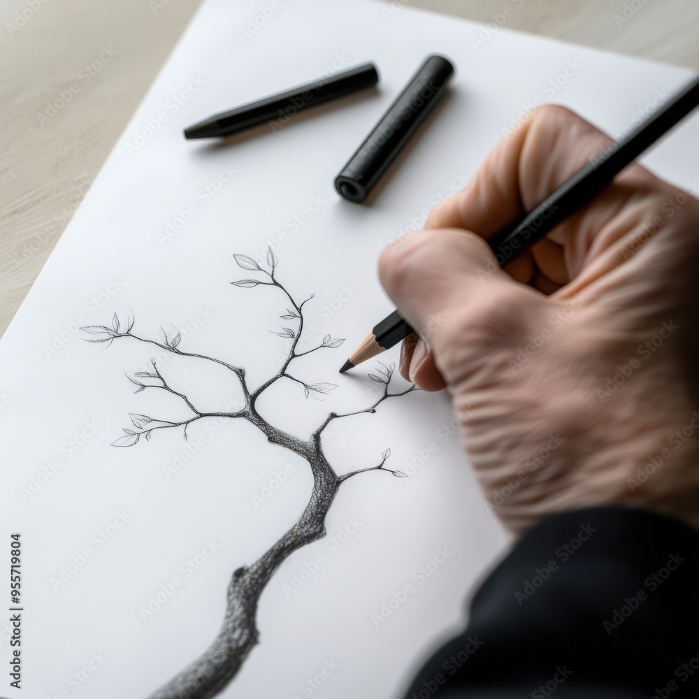Hand Drawing a Tree Branch with Pencil on White Paper Hand Drawing a Tree Branch with Pencil on White Paper