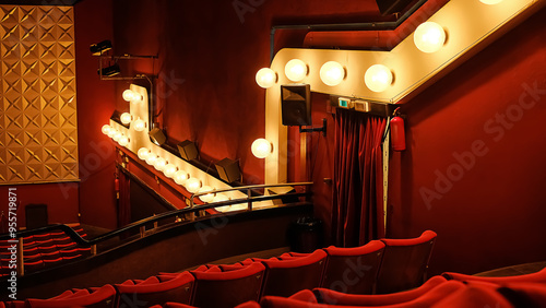 Tableau sur toile Rows Of Red Seats Are Illuminated By Lights In An Empty Theater Or Cinema