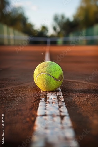 Tennis ball striking the line on a clay court surface during a competitive match photo