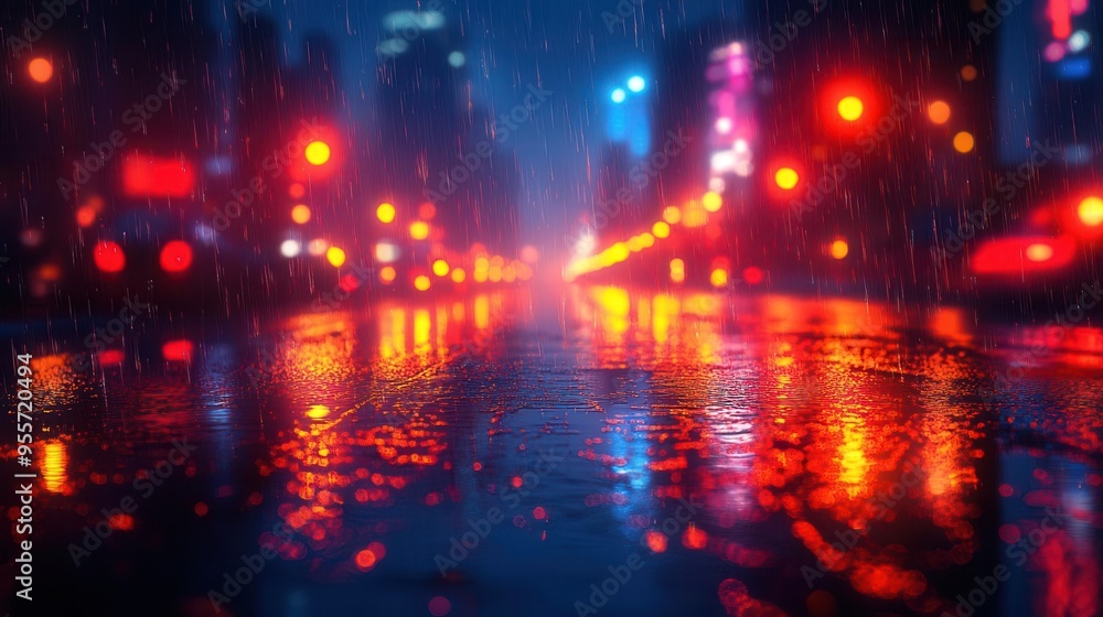 Obraz premium shimmering city lights reflected on rainsoaked pavement urban night scene vibrant bokeh effect neon glow romantic atmosphere cinematic composition