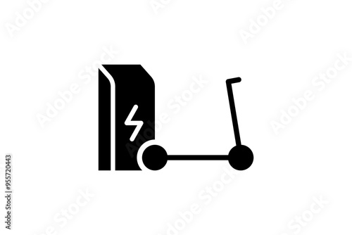 Electric push scooter charging in charger station icon. Electrical kick e-scooter energy charge black symbol. Eco friendly electro vehicle recharge sign. Battery powered EV transportation eps logotype