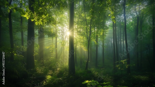 green forest with morning sun