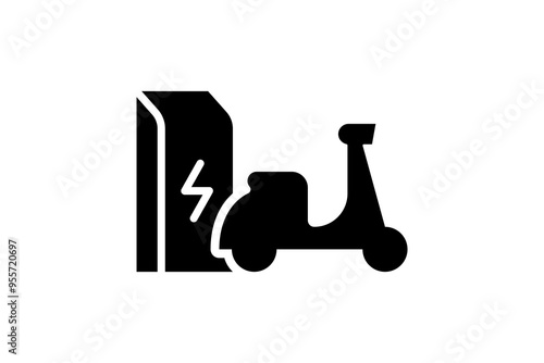 Electric motorbike charging in charger station icon. Electrical moped energy charge black symbol. Eco friendly electro motorcycle recharge sign. Battery green powered EV transportation eps logotype