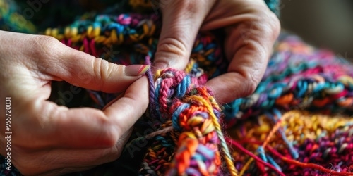 hands knitting a complex pattern with colorful yarns, highlighting the details and textures of the craft