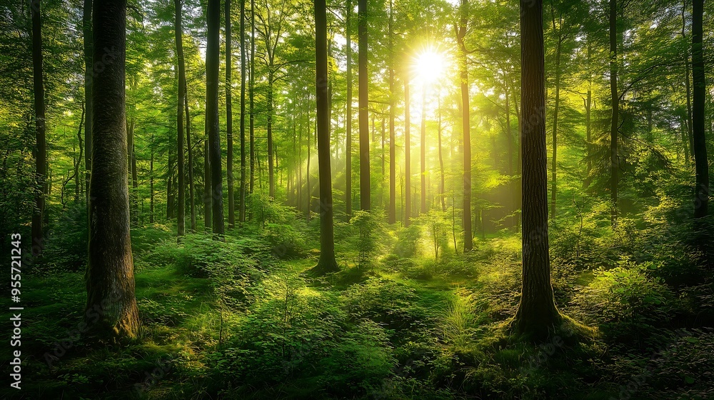Fototapeta premium green forest with morning sun