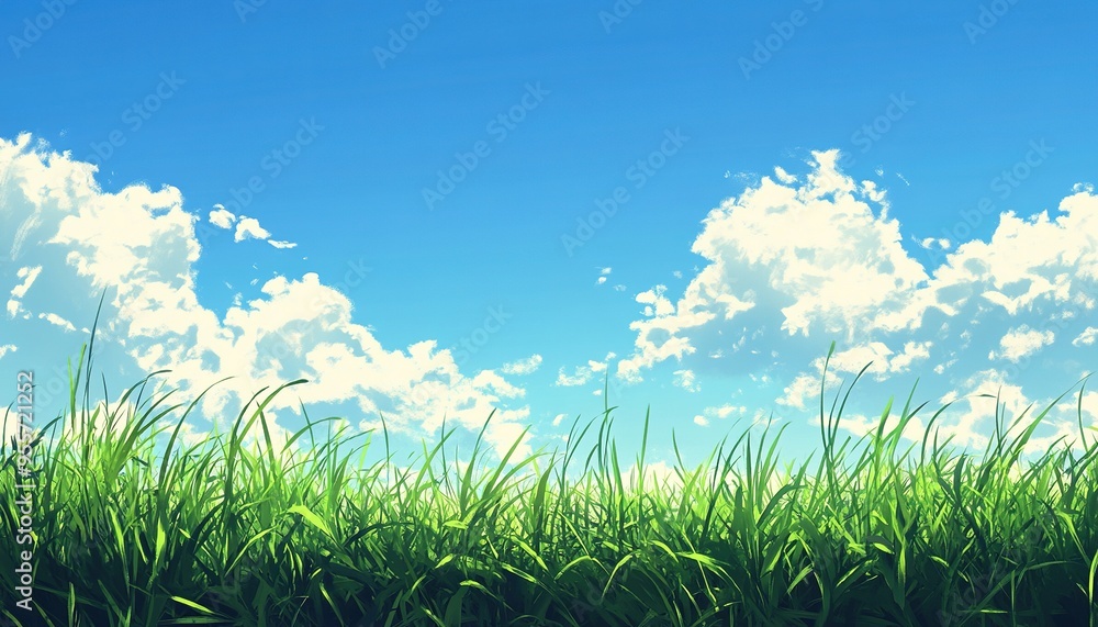 Fototapeta premium Lush Green Grass Under a Blue Sky with White Clouds