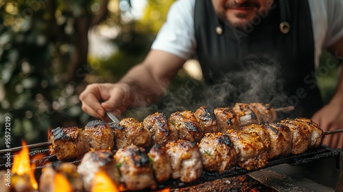 skilled chef basting mechoui lamb on rotating spit aromatic spices rustic outdoor cooking scene photo