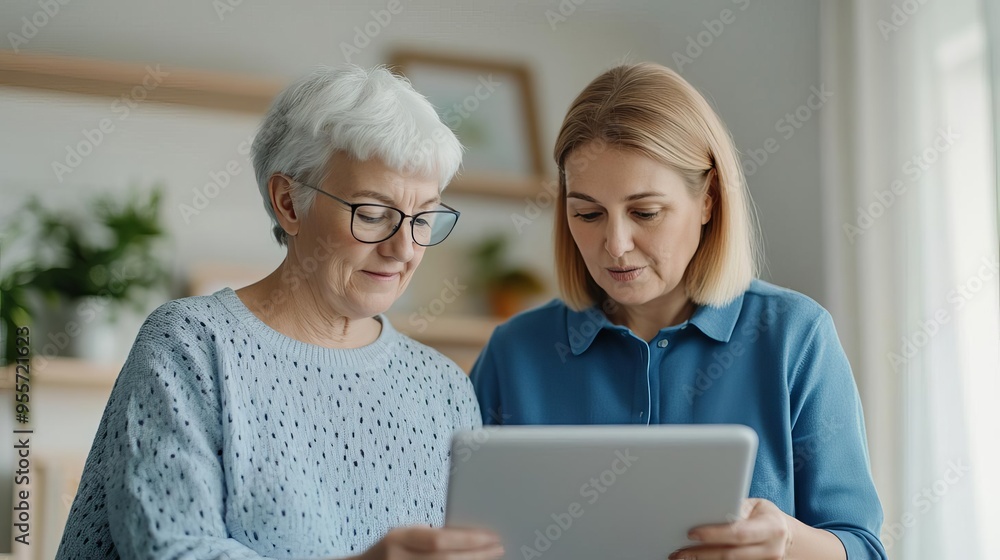 Senior woman with her caregiver during a tech lesson, modern and connected, bright room Senior woman with her caregiver during a tech lesson, modern and connected, bright room