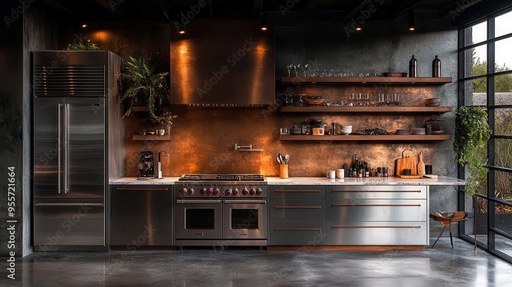 sleek industrial kitchen featuring stainless steel appliances a luxurious marble countertop and minimalist open shelving embodying modern functionality and style sleek industrial kitchen featuring stainless steel appliances a luxurious marble countertop and minimalist open shelving embodying modern functionality and style