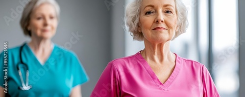 Senior woman with her caregiver during a light exercise routine, encouraging and supportive