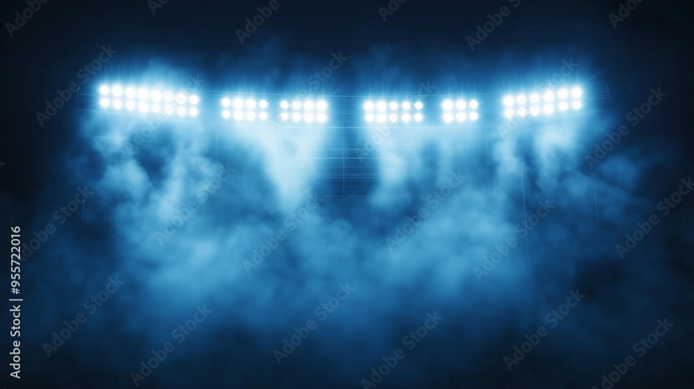 Obraz premium Światła stadionowe oświetlające ciemne nocne niebo, przygotowujące boisko piłkarskie do rozgrywek. Mocne reflektory zapewniają doskonałe warunki do gry i tworzą spektakularny widok na nocne wydarzenia