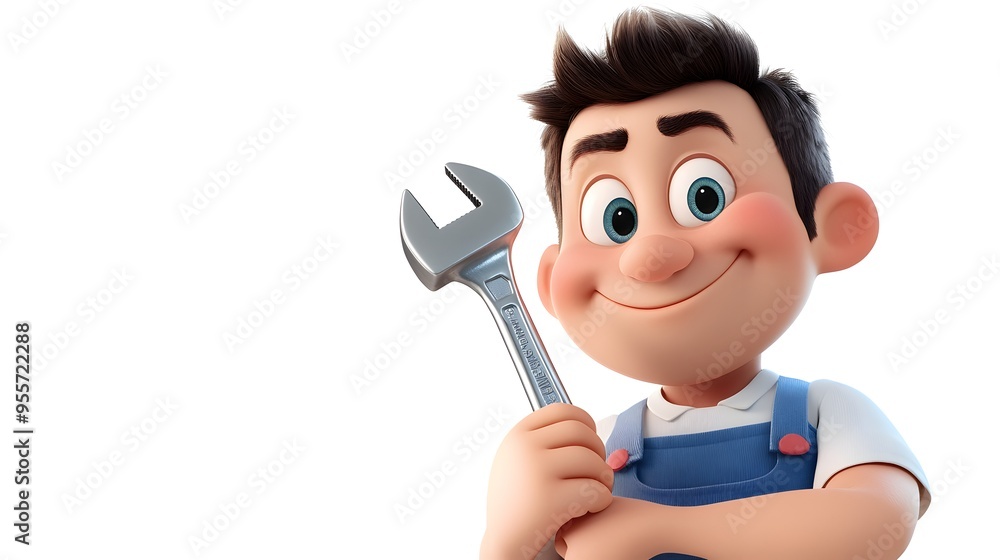 Cheerful Cartoon Mechanic Holding Wrench in Overalls Cheerful Cartoon Mechanic Holding Wrench in Overalls