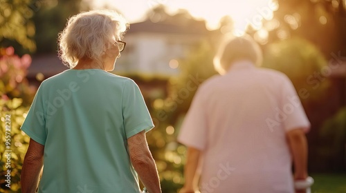 Senior woman with mobility aids, engaging with a caregiver in the garden, sunlight, fresh air, and companionship