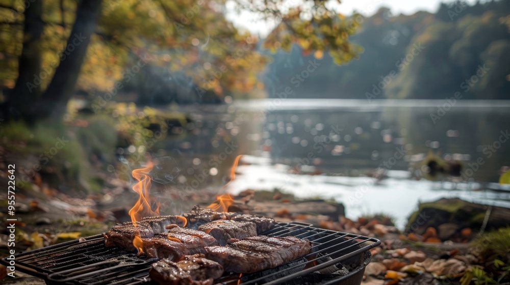 Grilling succulent meat over smoke by a scenic lake in autumn s embrace of nature Grilling succulent meat over smoke by a scenic lake in autumn s embrace of nature