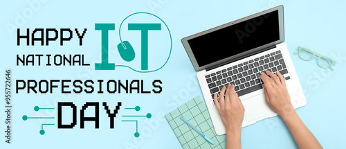 Banner for Happy National IT Professionals Day with female hands using laptop photo