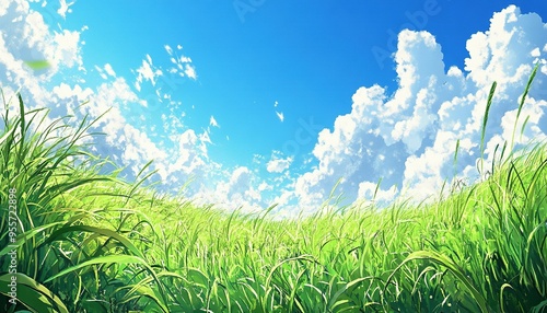 Lush Green Grass Field Under a Blue Sky with Puffy White Clouds