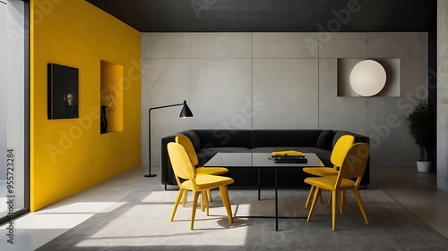 Yellow and white interior design modern room with a slight sunlight from windows classy furniture