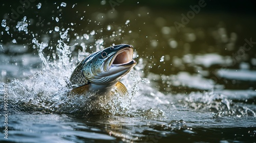 Leaping Trout Bursting Out of Rippling River Water with Dramatic Splash