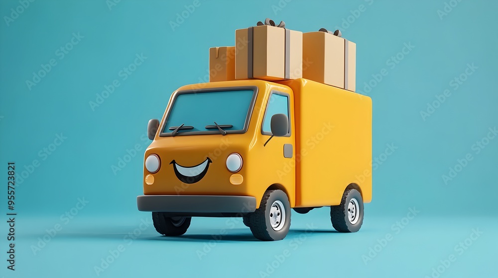Smiling Cartoon Delivery Van Transporting Packages on Blue Background Smiling Cartoon Delivery Van Transporting Packages on Blue Background
