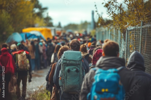 Wallpaper Mural Groups of individuals carrying suitcases and backpacks wait at a border, facing challenges and searching for hope in difficult times. Generative AI Torontodigital.ca