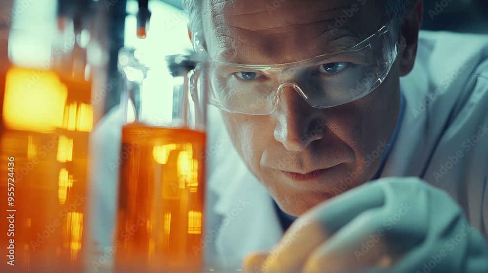 Close up of scientist conducting experiment in laboratory with scientific equipment Close up of scientist conducting experiment in laboratory with scientific equipment