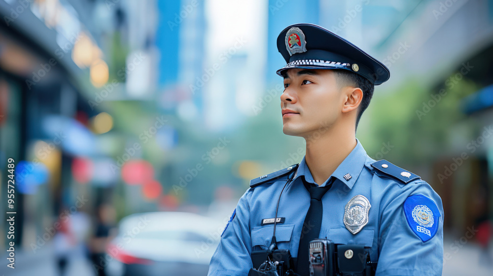 A focused police officer stands confidently on a bustling urban street, embodying vigilance and community safety. A focused police officer stands confidently on a bustling urban street, embodying vigilance and community safety.
